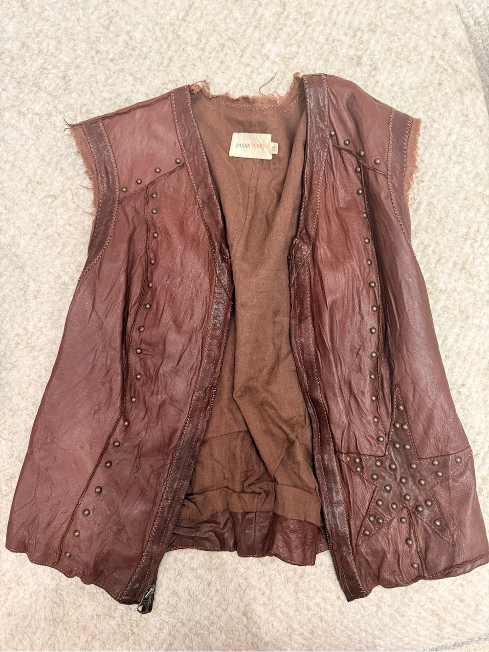 Pasha Veneto Vintage Brown Studded Leather Vest - Fashion Union M